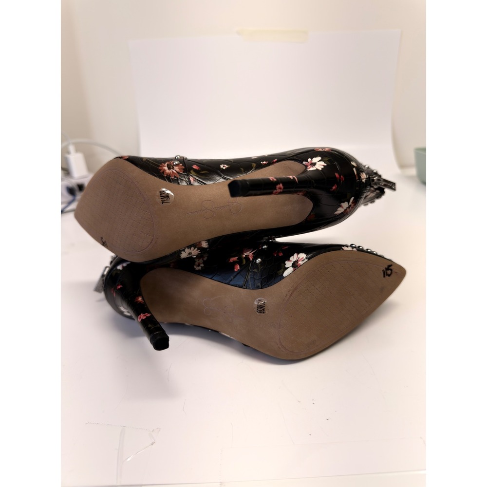 Jessica Simpson Black Floral Croc Studded Pointed Toe Stiletto Ankle Boots 7.5M - Picture 11 of 11